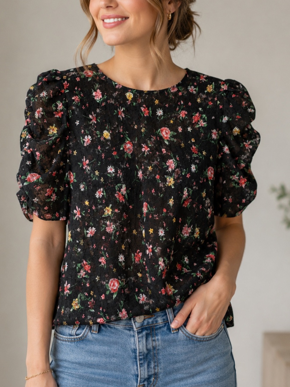 Revolve Elodie Black Floral Lace Top with Pink and Yellow Blooms Puff Sleeves